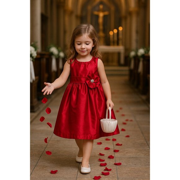 Lilybird Girls 4T Red Satin Holiday Dress Bow Flower Detail Party Formal - Picture 3 of 13
